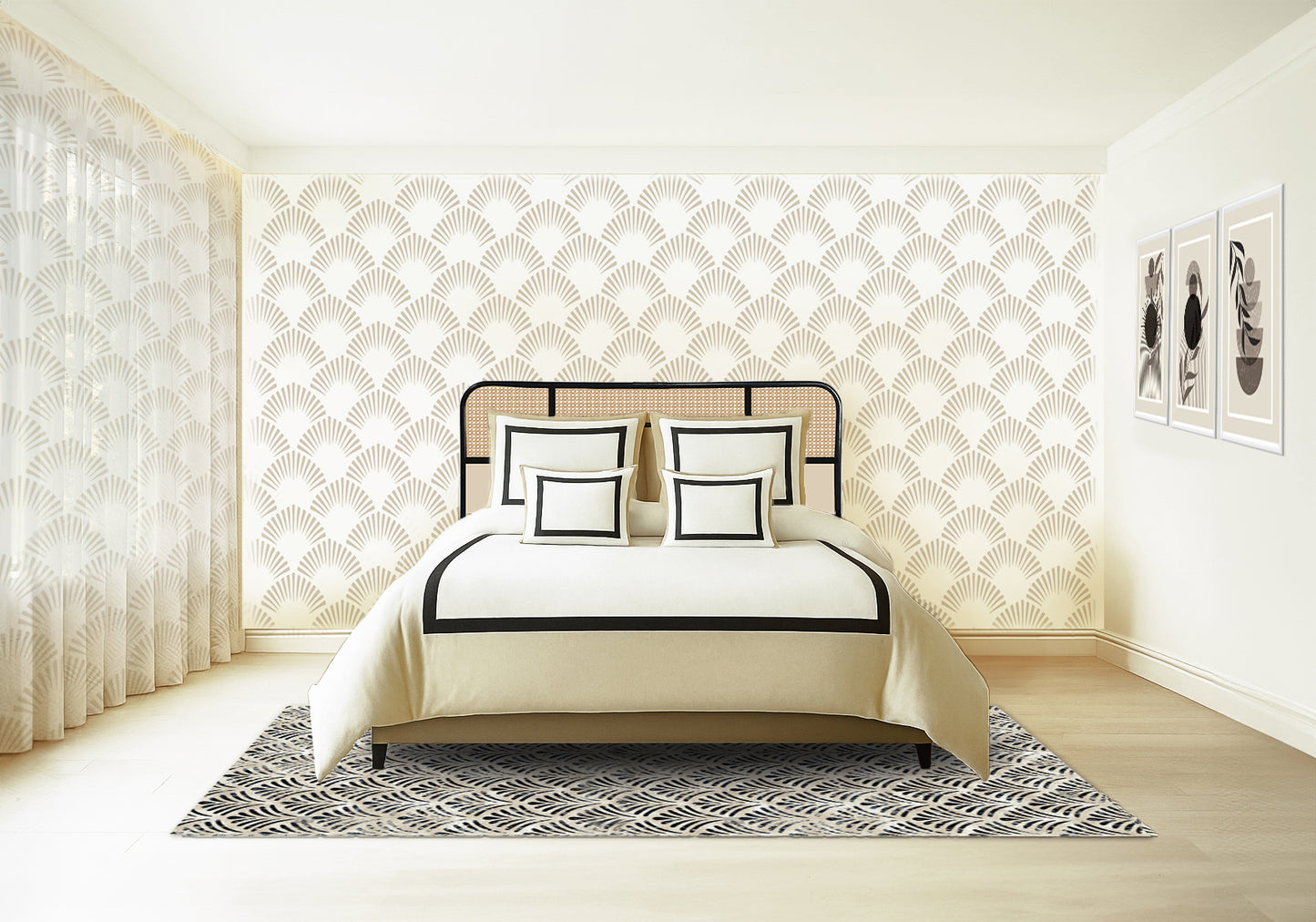 Beige Black Cane x solid wood Full Bed
