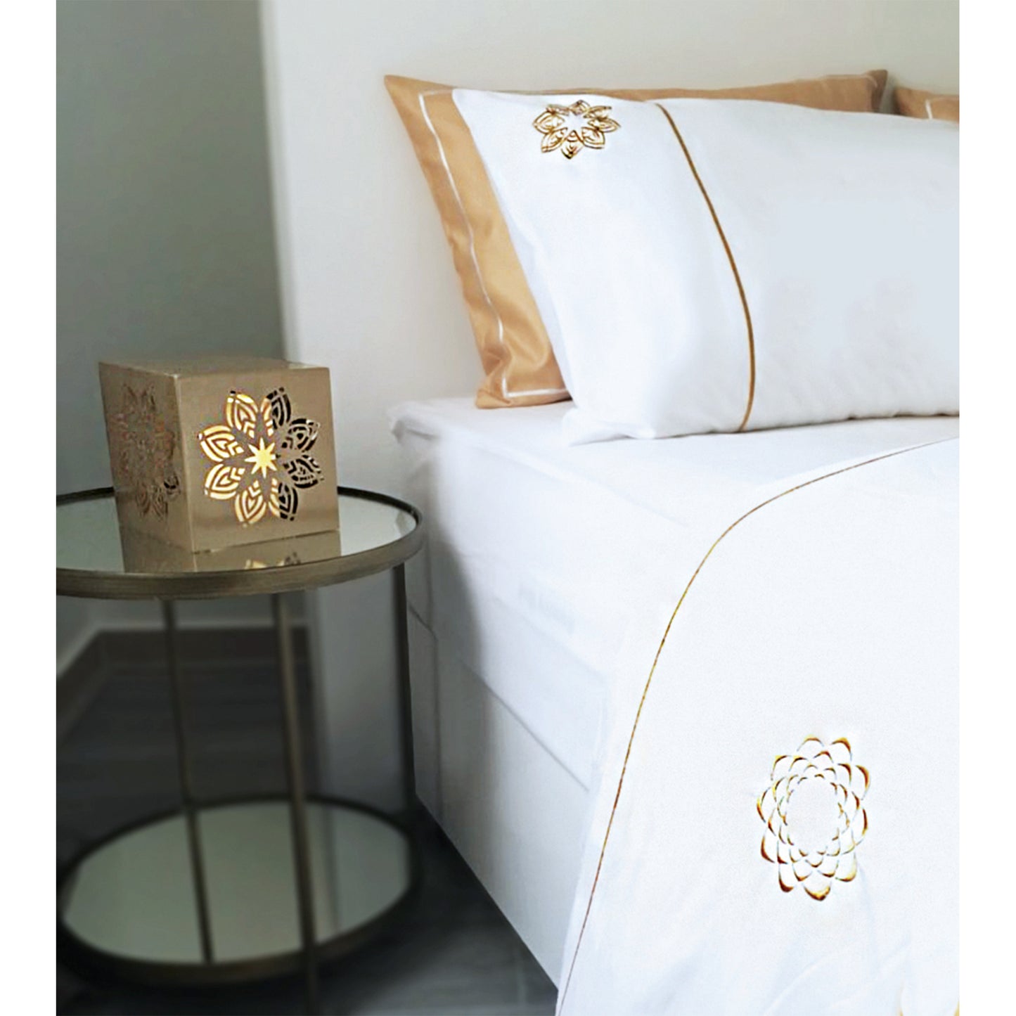 Gold Embroidered Mandalas Bed Sheet + 2 Pillow cases