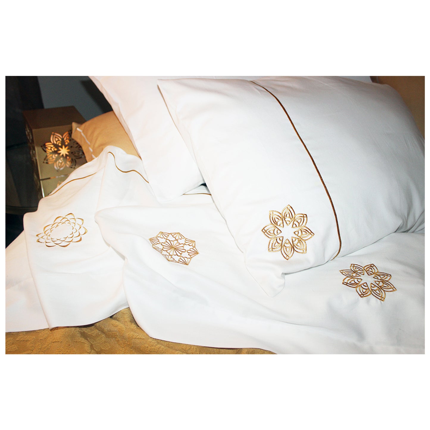 Gold Embroidered Mandalas Bed Sheet + 2 Pillow cases