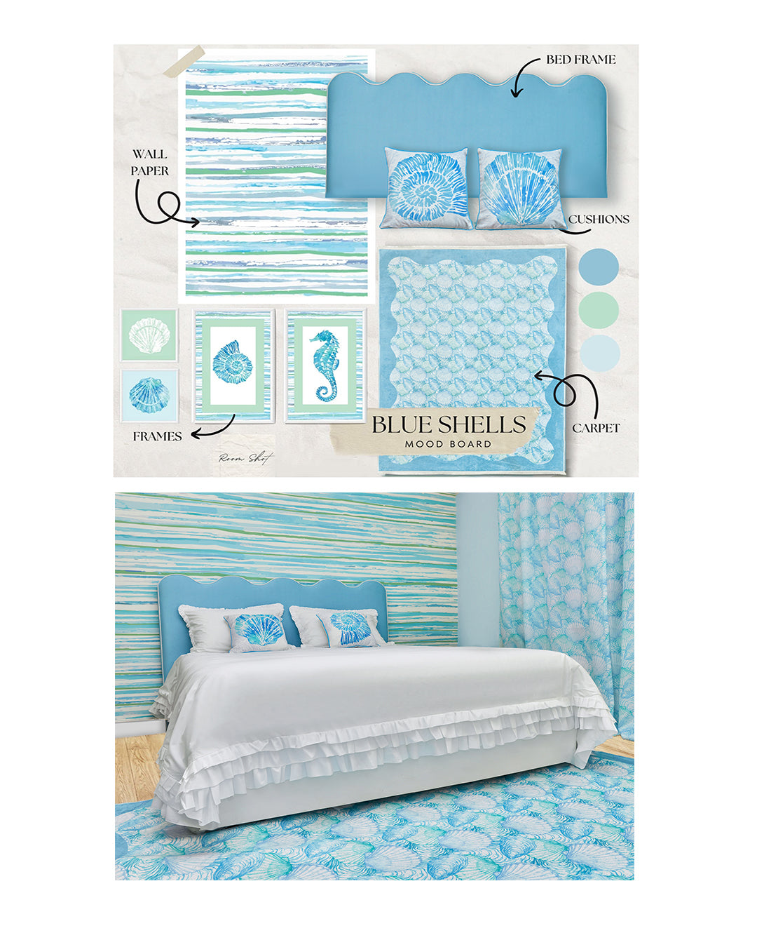 Blue Wavy Shells Curtain