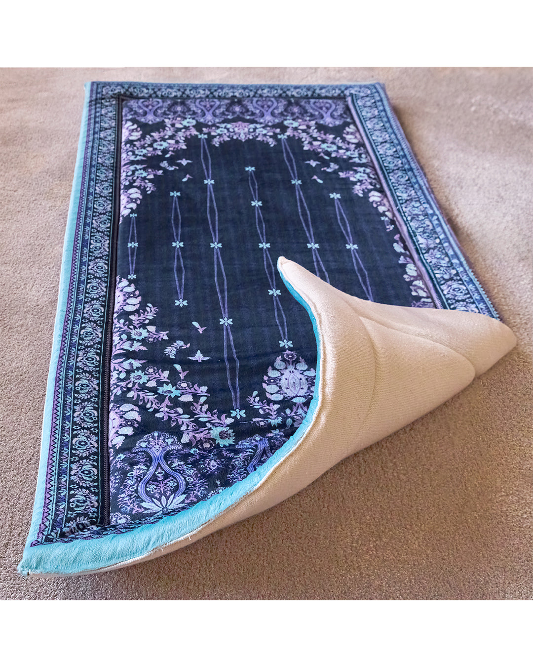 Navy Flowery Padded Praying Carpet