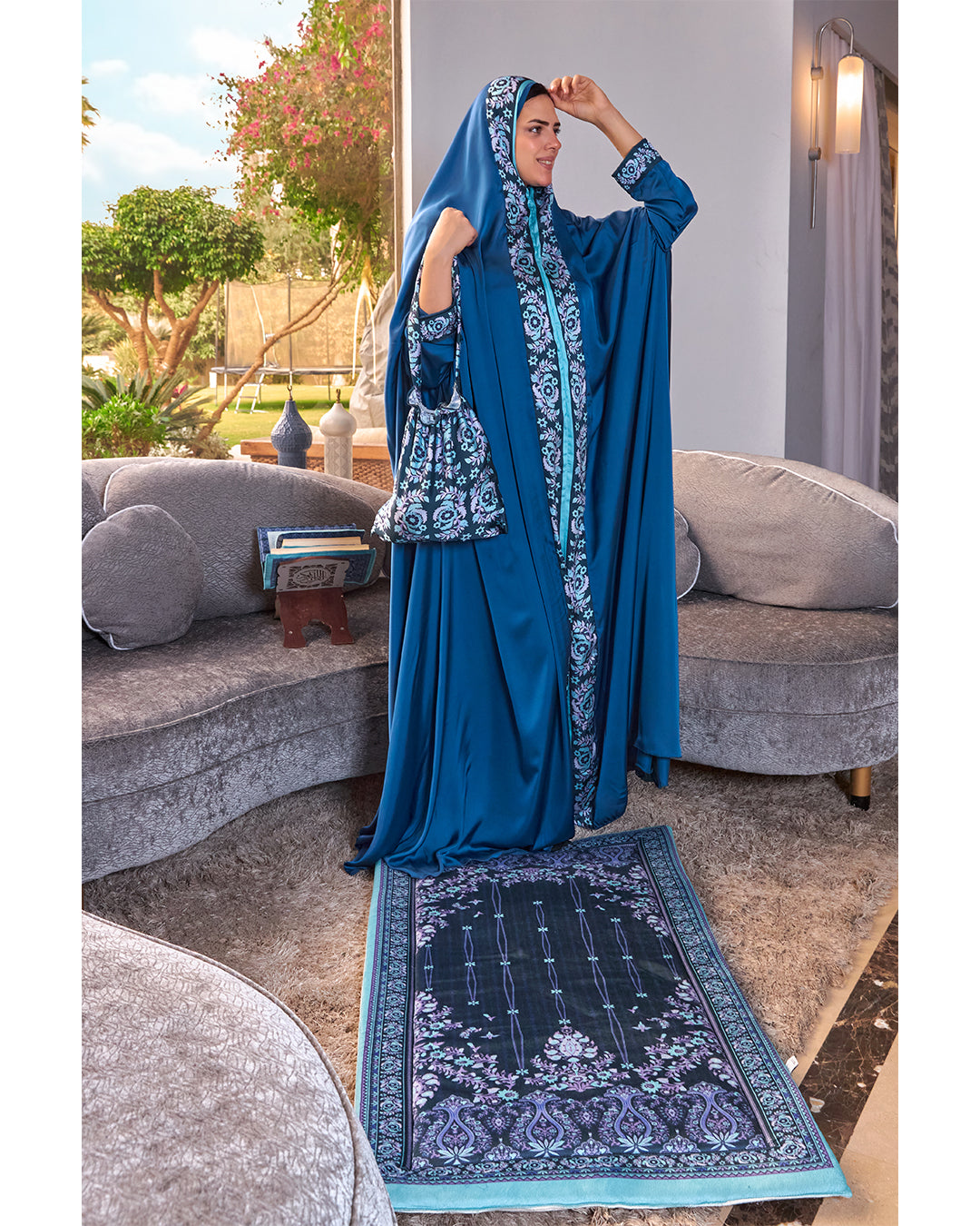Navy Flowery Padded Praying Carpet