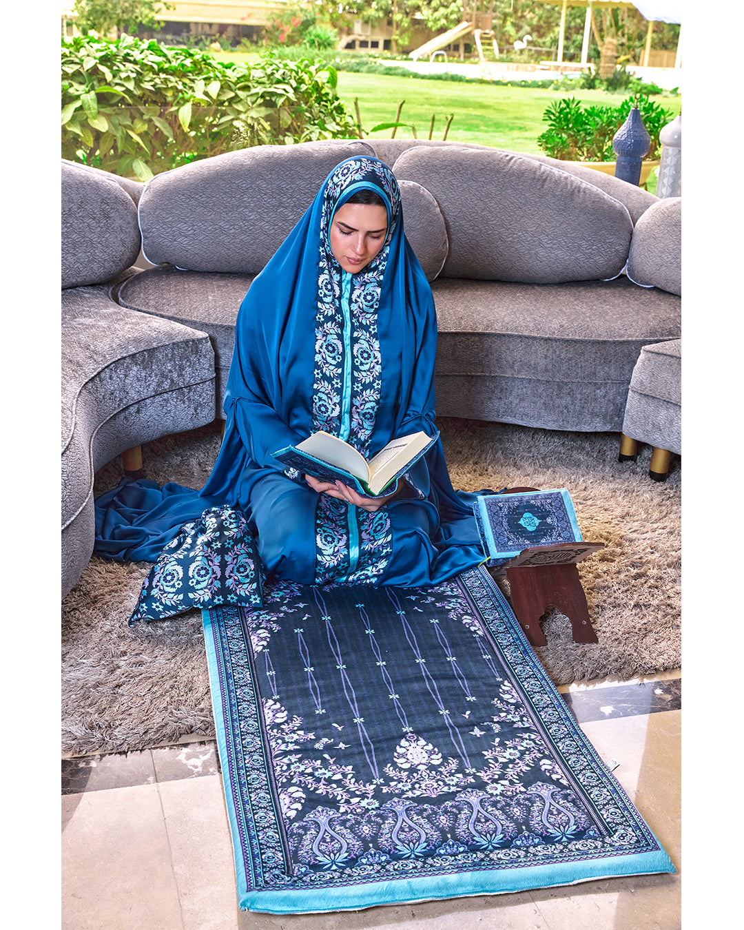 Navy Flowery Padded Praying Carpet