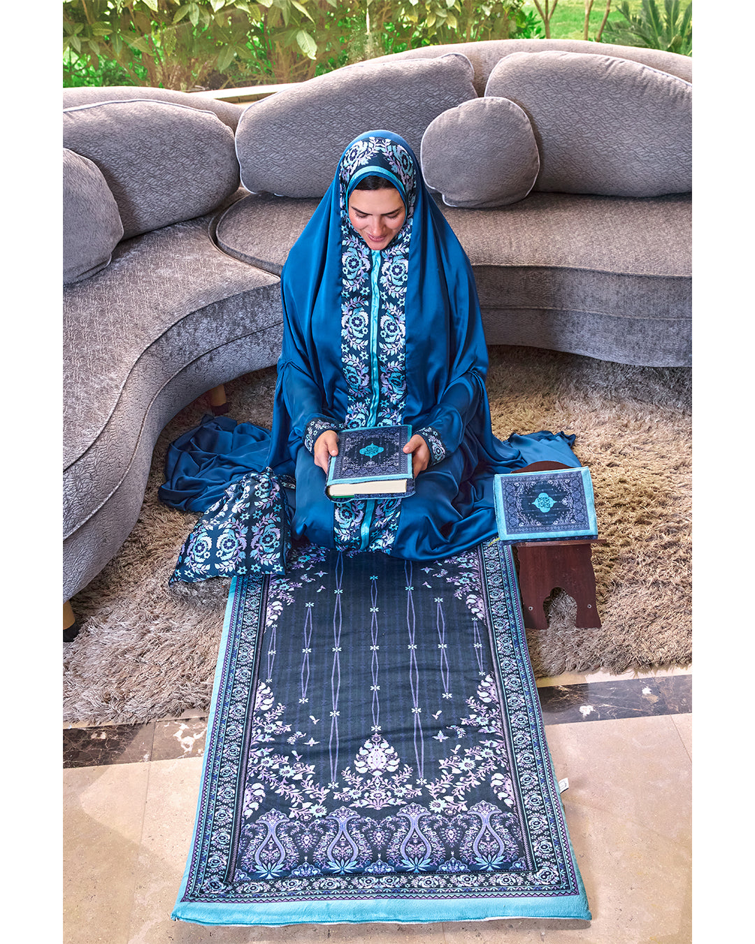Navy Flowery Padded Praying Carpet