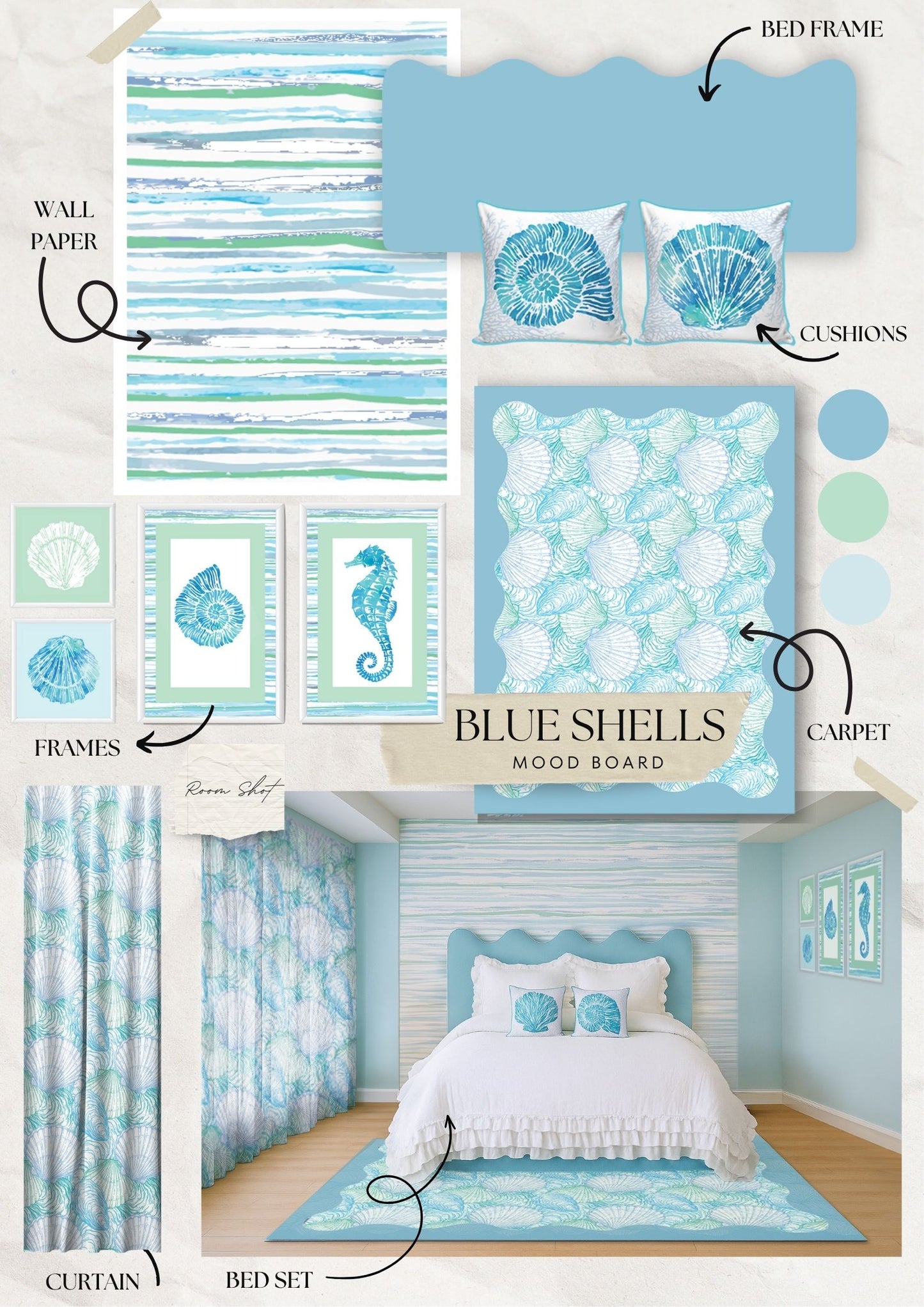 Wavy Blue seashells Frame Artwork.