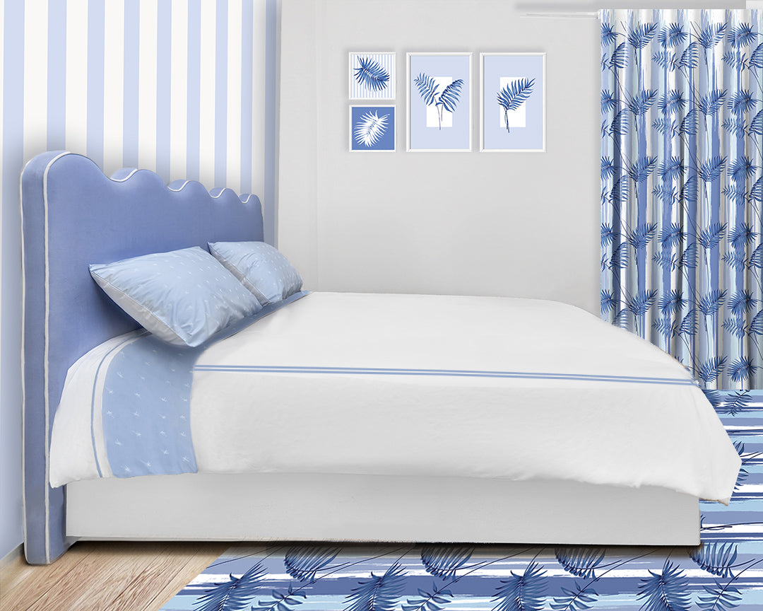 Blue Wavy Palms Full wood x velvet Full Bed