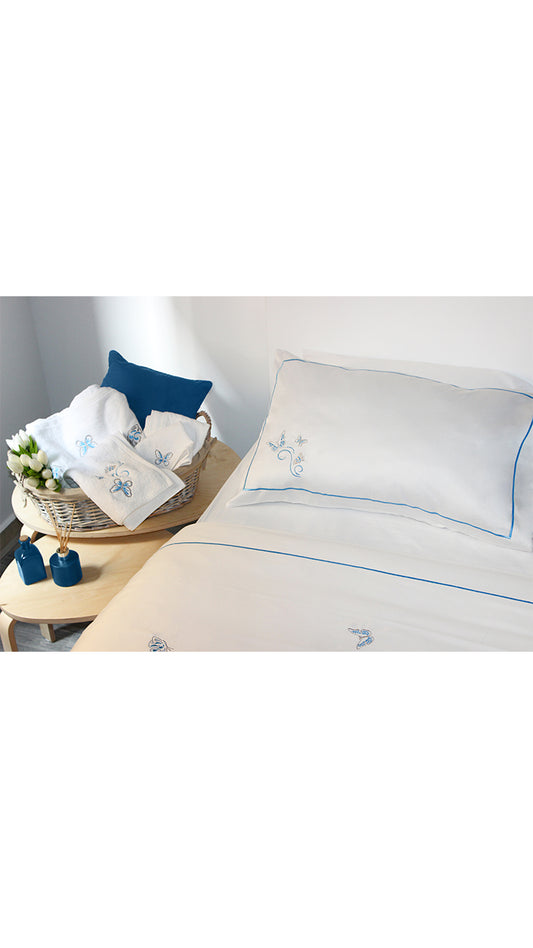 Blue Embroidered Butterflies Bed Sheet + 2 Pillow cases