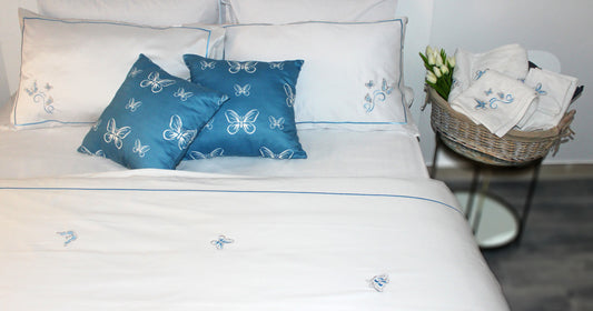 Blue Embroidered Butterflies Bed Sheet + 2 Pillow cases