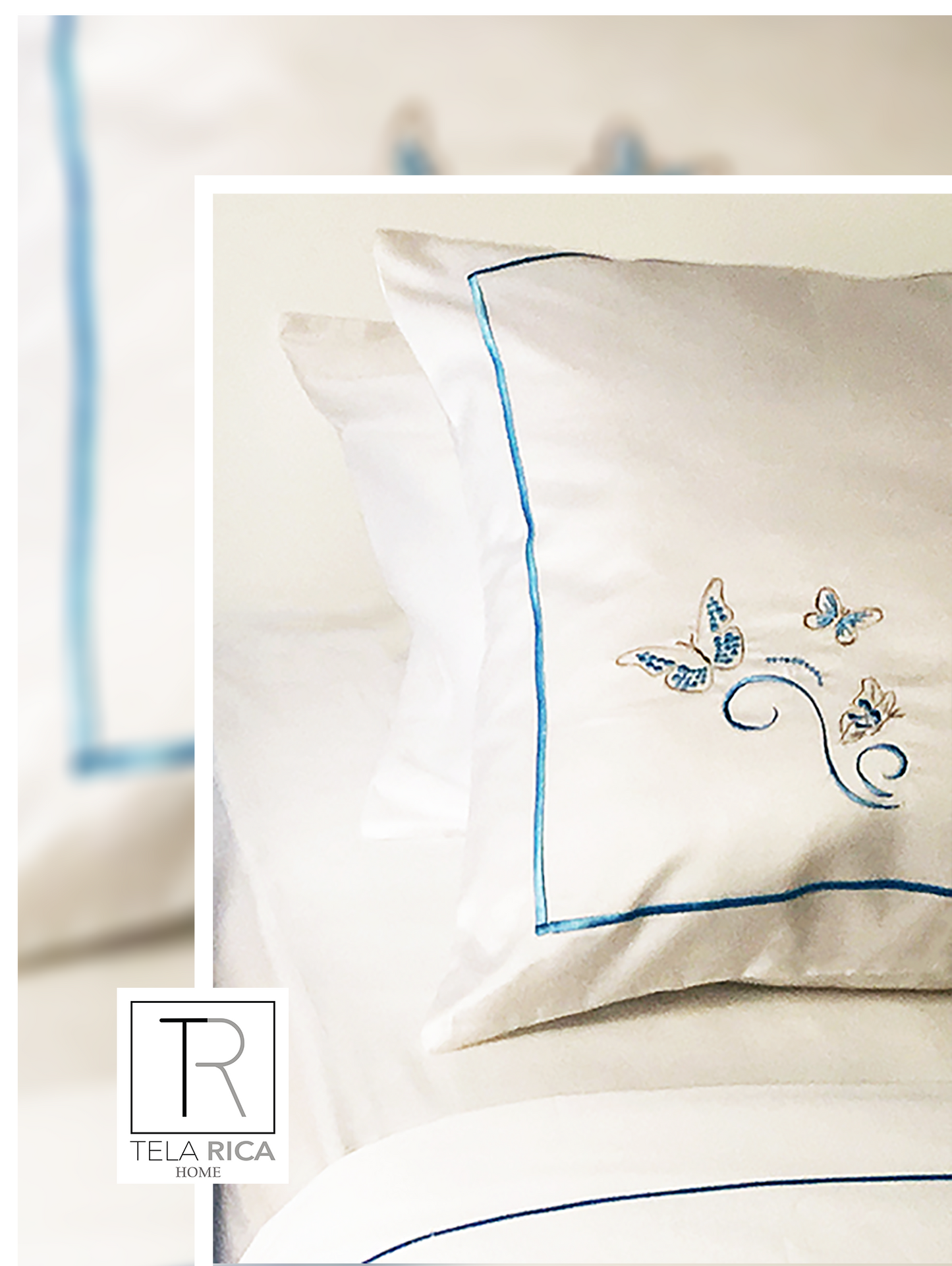 Blue Embroidered Butterflies Pillow Cases