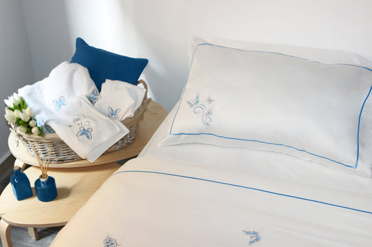 Blue Embroidered Butterflies Pillow Cases