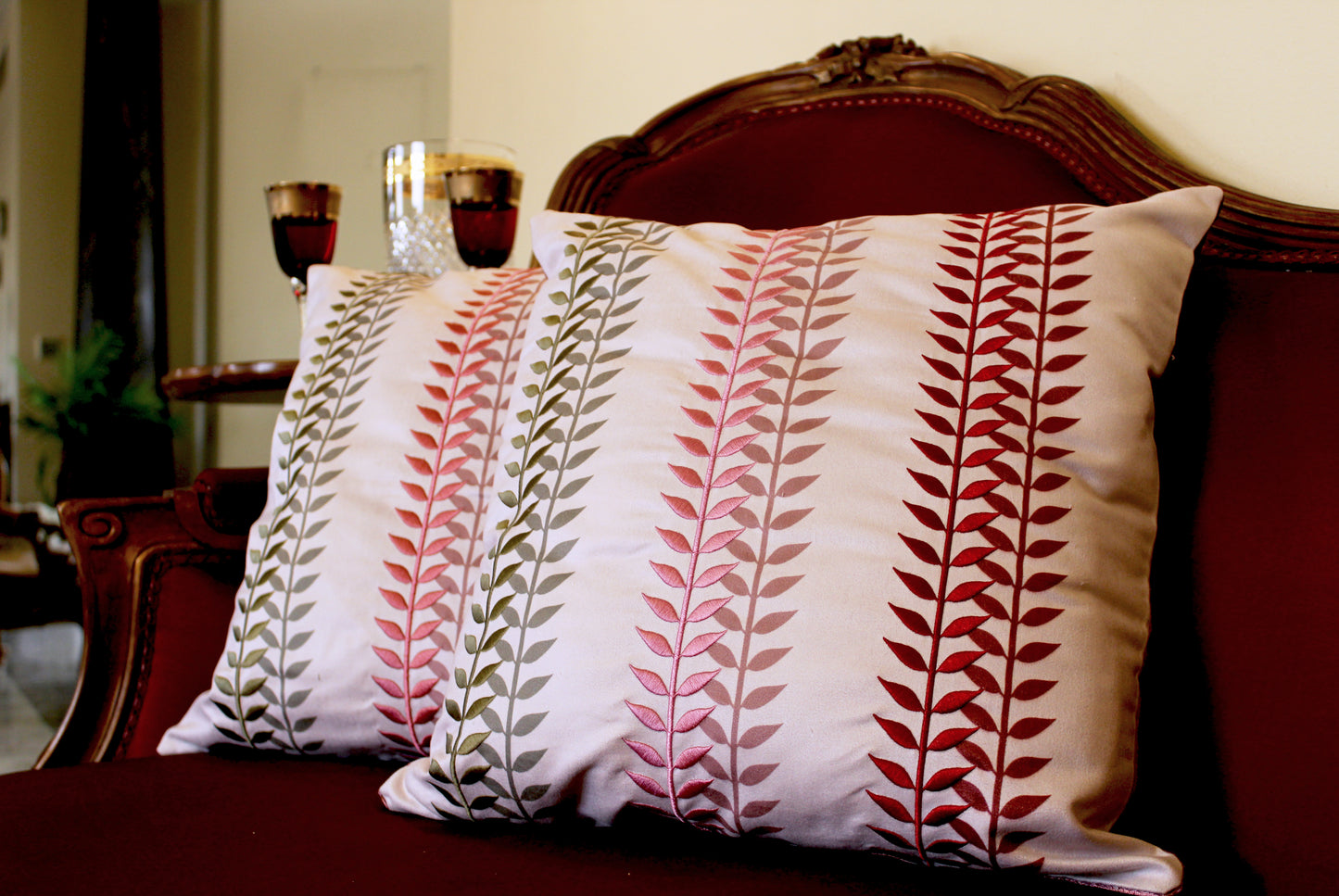 Embroidered Leaf Cushion.
