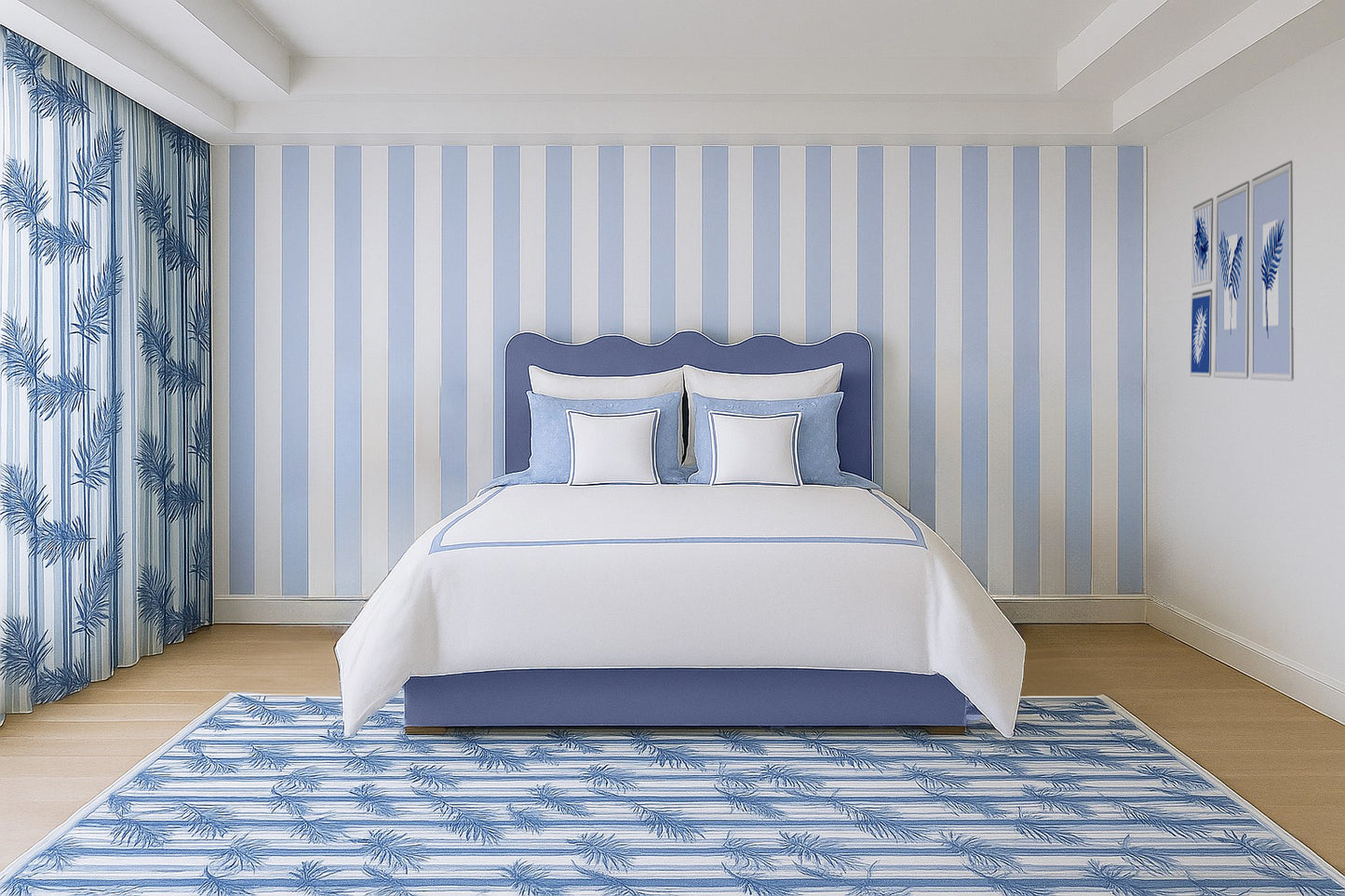 Blue Wavy Palms Full wood x velvet Full Bed