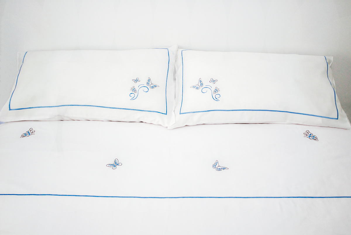 Blue Embroidered Butterflies Bed Sheet + 2 Pillow cases
