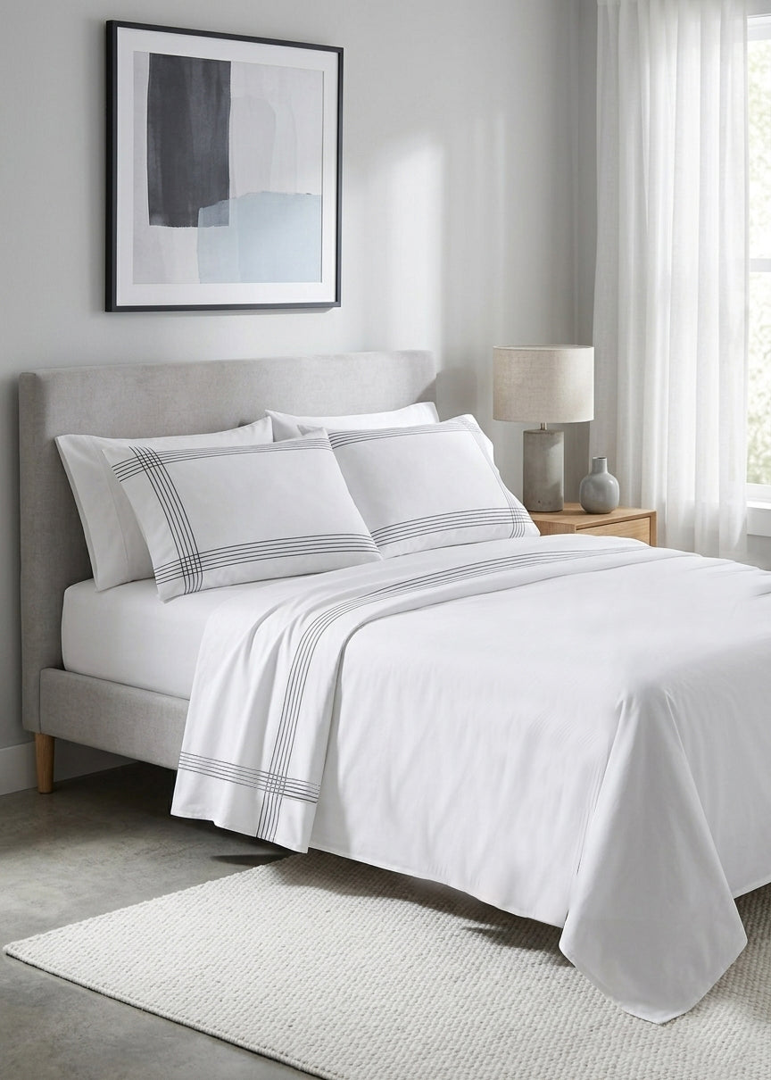 Checked Embroidered Upper sheet+2 pillow cases