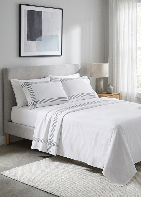 Checked Embroidered Upper sheet+2 pillow cases